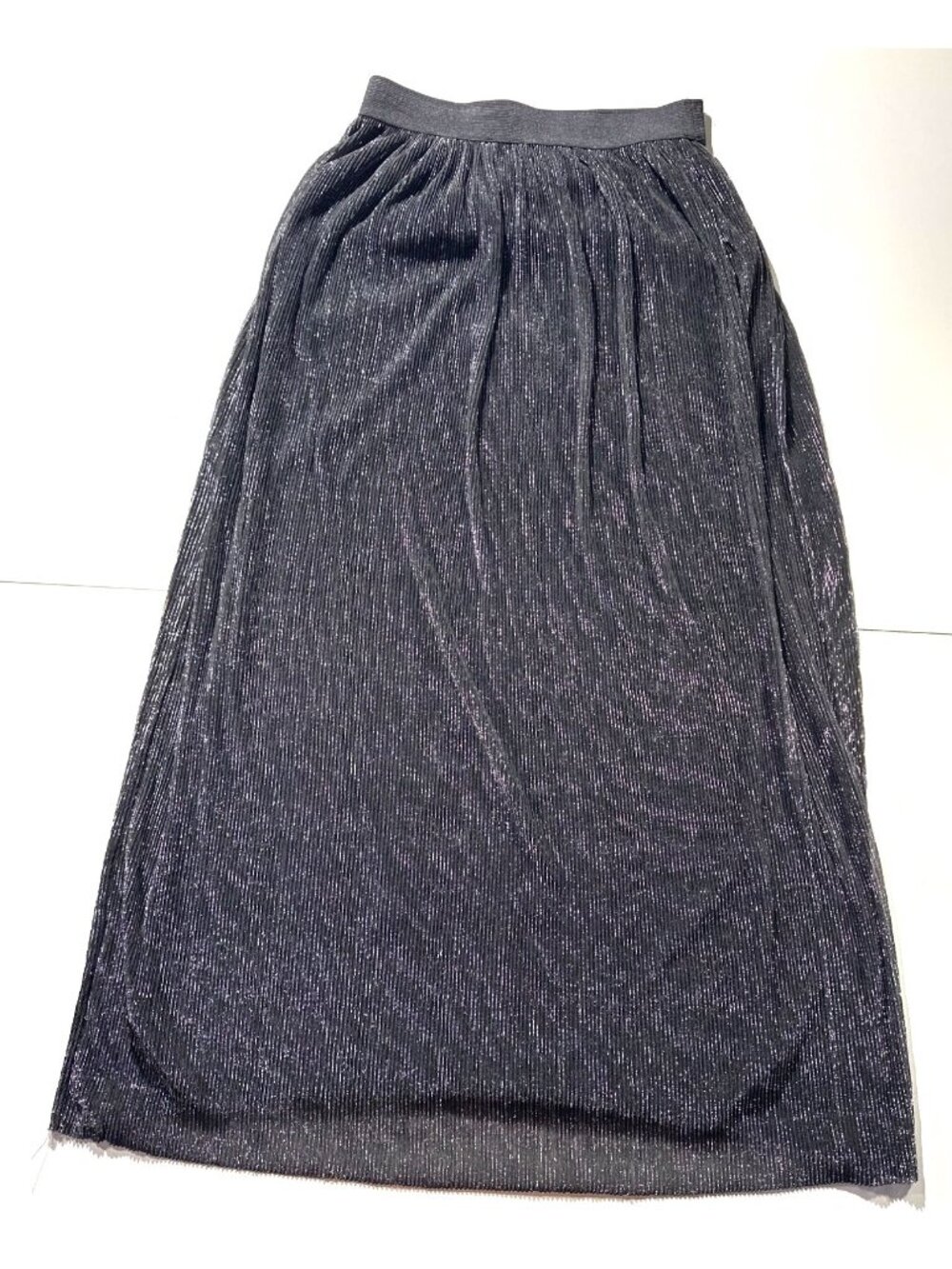 Timing Womens Metallic Silver Maxi Skirt Black Pleated Semi Sheer Elastic Waist